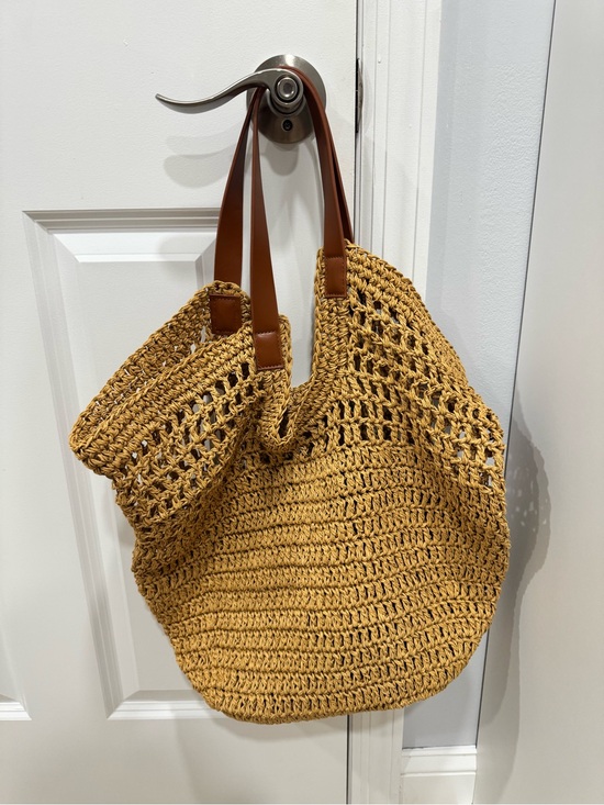 Banana Republic Handbags - Banana Republic Mustard Crochet Tote with faux leather Brown Handles